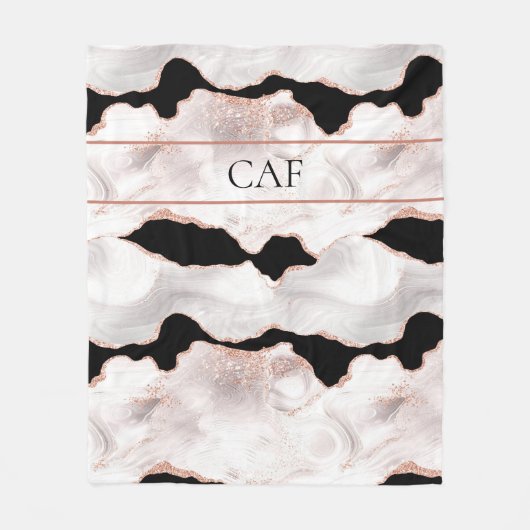 Monogram Rose Gold Glitzer Agate Schwarz-weiß Fleecedecke (Vorderseite)