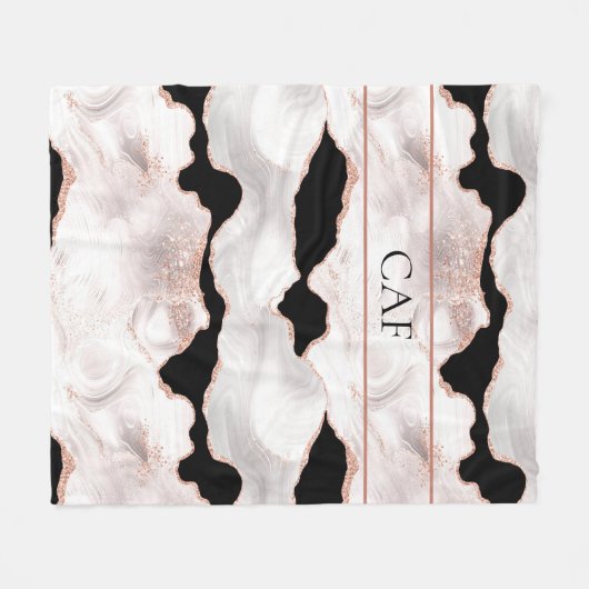 Monogram Rose Gold Glitzer Agate Schwarz-weiß Fleecedecke (Vorderseite (Horizontal))