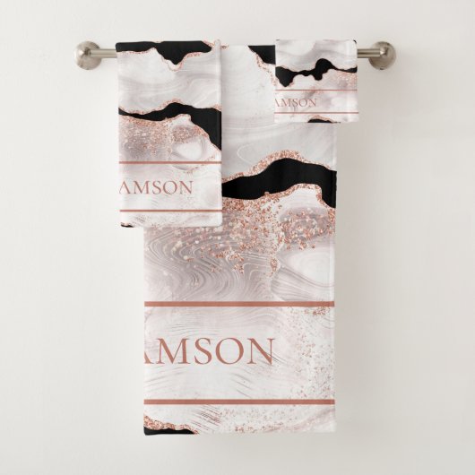 Monogram Rose Gold Glitzer Agate Schwarz-weiß Swir Badhandtuch Set (Insitu)