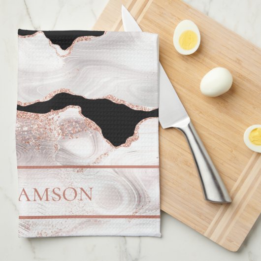 Monogram Rose Gold Glitzer Agate Schwarz-weiß Swir Geschirrtuch (Viertel Falte)