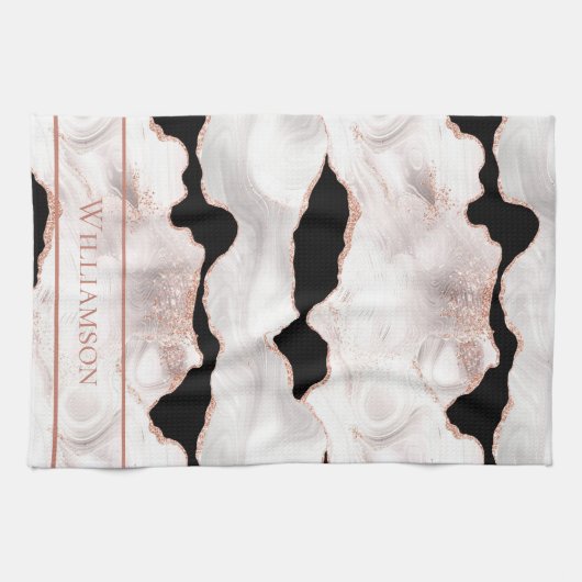 Monogram Rose Gold Glitzer Agate Schwarz-weiß Swir Geschirrtuch (Horizontal)