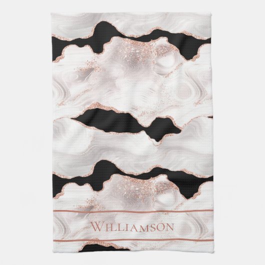 Monogram Rose Gold Glitzer Agate Schwarz-weiß Swir Geschirrtuch (Vertikal)