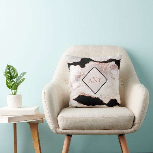 Monogram Rose Gold Glitzer Agate Schwarz-weiß Swir Kissen (Stuhl )