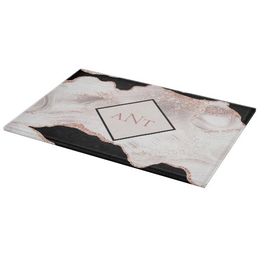 Monogram Rose Gold Glitzer Agate Schwarz-weiß Swir Schneidebrett (Ecke)