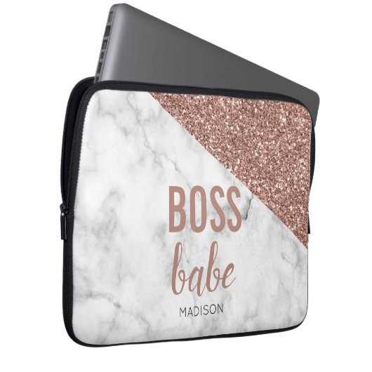 Monogram Rose Gold Glitzer | Marble Boss Babe Laptopschutzhülle (Vorne Rechts)