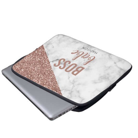 Monogram Rose Gold Glitzer | Marble Boss Babe Laptopschutzhülle (Vorne Knopf)