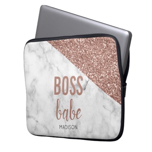 Monogram Rose Gold Glitzer | Marble Boss Babe Laptopschutzhülle (Vorderseite Links)