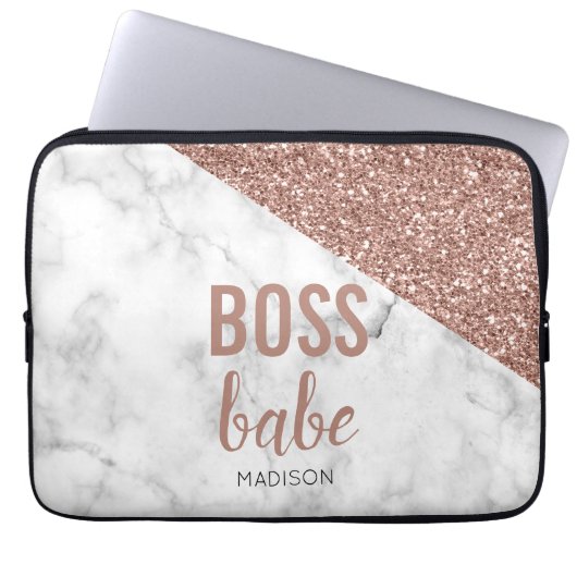 Monogram Rose Gold Glitzer | Marble Boss Babe Laptopschutzhülle (Vorderseite)