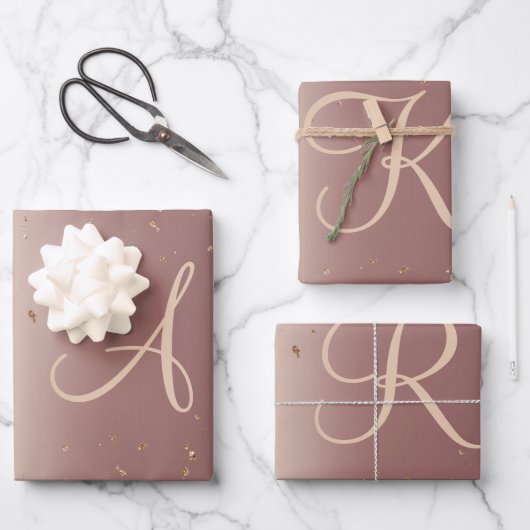 Monogram Rose Gold Glitzer Script Trendy Geschenkpapier Set (Vorderseite)