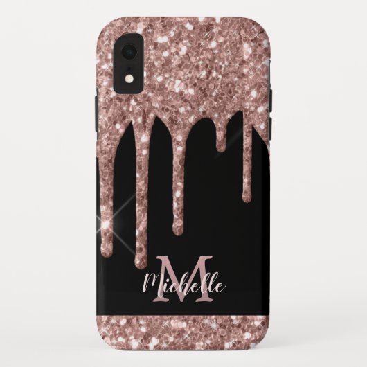 Monogram Rose Gold Glitzer Tropfen auf Black Monog Case-Mate iPhone Hülle (Rückseite)