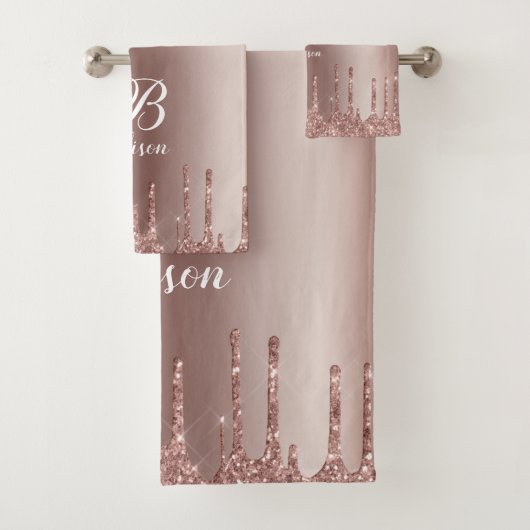 Monogram Rose Gold Glitzer Tropfen Badhandtuch Set (Insitu)