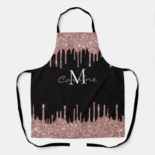 Monogram Rose Gold Glitzer Tropfen Black Name Schü Schürze (Vorderseite)