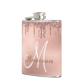 Monogram Rose Gold Glitzer Tropfen Girly Flachmann (Links)