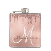 Monogram Rose Gold Glitzer Tropfen Girly Flachmann (Vorderseite)