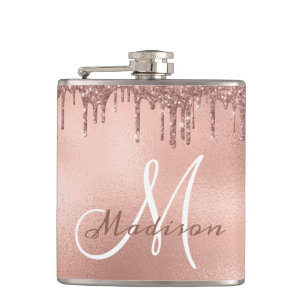 Monogram Rose Gold Glitzer Tropfen Girly Flachmann