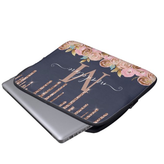 Monogram Rose Gold Glitzer Tropfen Girly Glam Laptopschutzhülle (Vorne Knopf)