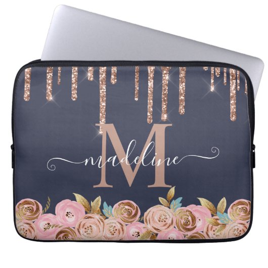 Monogram Rose Gold Glitzer Tropfen Girly Glam Laptopschutzhülle (Vorderseite)