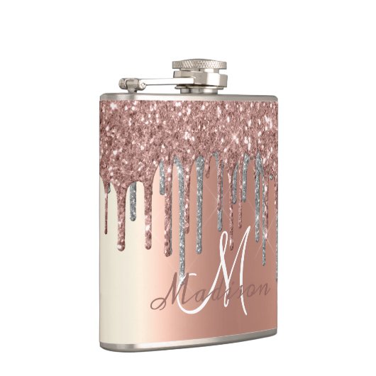 Monogram Rose Gold Glitzer Tropfen Girly Sparkle F Flachmann (Rechts)