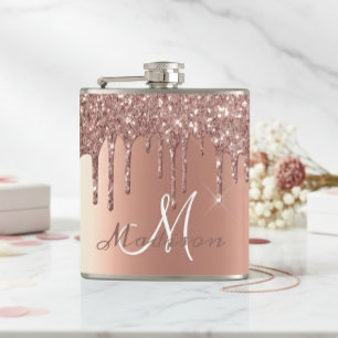 Monogram Rose Gold Glitzer Tropfen Girly Sparkle Flachmann