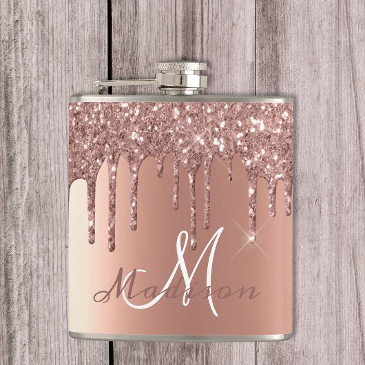 Monogram Rose Gold Glitzer Tropfen Girly Sparkle Flachmann