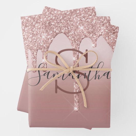Monogram Rose Gold Glitzer Tropfen Rosa Trendy Geschenkpapier Set (Beispiel)