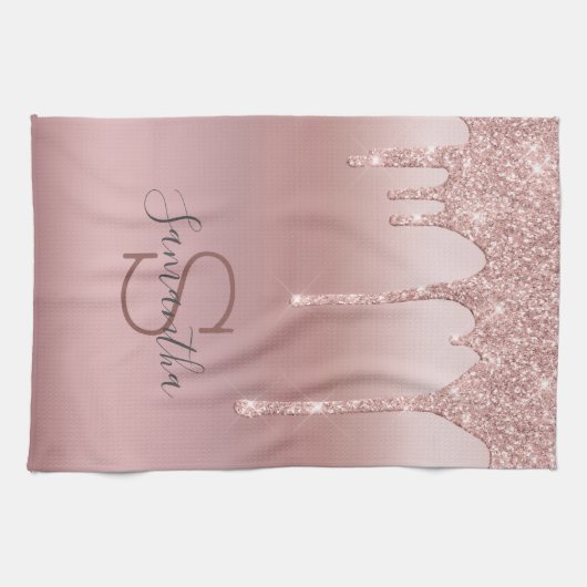 Monogram Rose Gold Glitzer Tropfen Rosa Trendy Geschirrtuch (Horizontal)