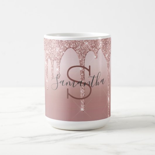 Monogram Rose Gold Glitzer Tropfen Rosa Trendy Kaffeetasse (Mittel)