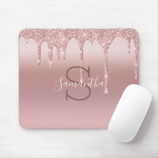 Monogram Rose Gold Glitzer Tropfen Rosa Trendy Mousepad (Mit Mouse)