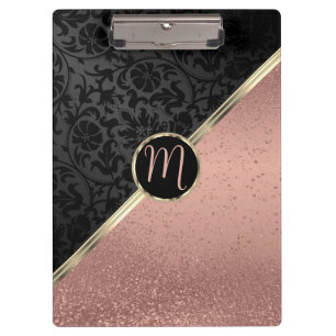 Monogram Rose Gold Glitzer und Black Damask Clipbo Klemmbrett