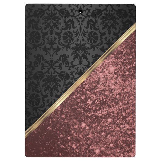 Monogram Rose Gold Glitzer und Black Damask Klemmbrett (Rückseite)