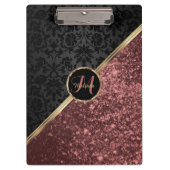 Monogram Rose Gold Glitzer und Black Damask Klemmbrett (Vorderseite)