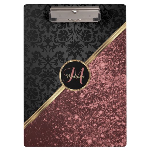 Monogram Rose Gold Glitzer und Black Damask Klemmbrett (Vorderseite)