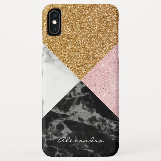 Monogram Rose Gold Glitzer und Schwarz-weißer Marm Case-Mate iPhone Hülle (Rückseite)