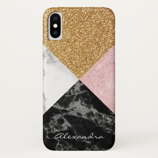 Monogram Rose Gold Glitzer und Schwarz-weißer Marm Case-Mate iPhone Hülle (Rückseite)