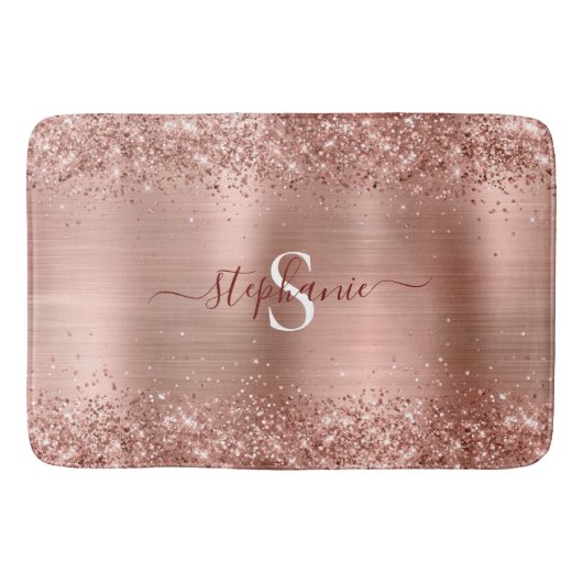 Monogram Rose Gold Imitats-Glitzer Girly Glam Badematte (Vorderseite)