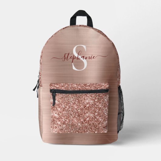 Monogram Rose Gold Imitats-Glitzer Girly Glam Bedruckter Rucksack (Vorderseite)