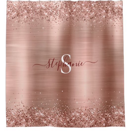 Monogram Rose Gold Imitats-Glitzer Girly Glam Duschvorhang (Vorderseite)