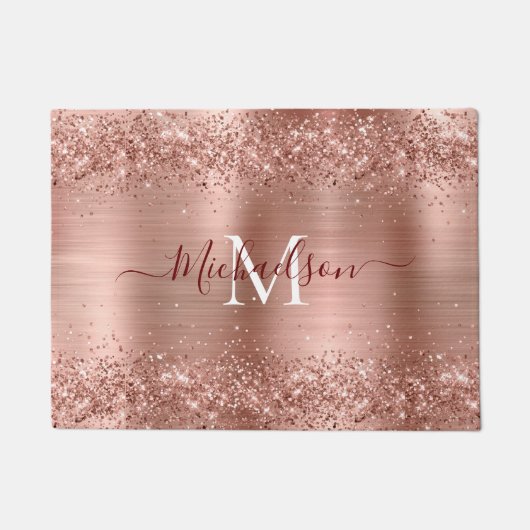 Monogram Rose Gold Imitats-Glitzer Girly Glam Fußmatte (Vorderseite)