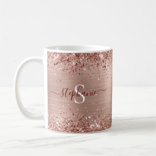 Monogram Rose Gold Imitats-Glitzer Girly Glam Kaffeetasse (Links)