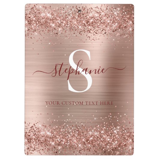 Monogram Rose Gold Imitats-Glitzer Girly Glam Klemmbrett (Rückseite)