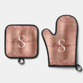 Monogram Rose Gold Imitats-Glitzer Girly Glam Ofenhandschuh & Topflappen-Set (Vorderseite)