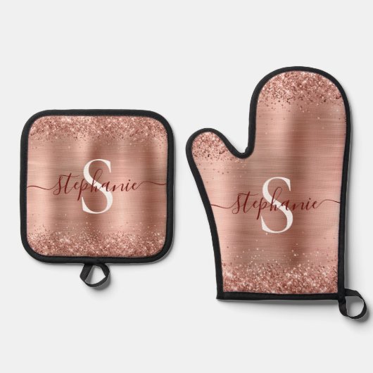 Monogram Rose Gold Imitats-Glitzer Girly Glam Ofenhandschuh & Topflappen-Set (Vorderseite)