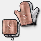 Monogram Rose Gold Imitats-Glitzer Girly Glam Ofenhandschuh & Topflappen-Set (Vorderseite/Rückseite)