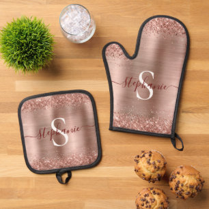 Monogram Rose Gold Imitats-Glitzer Girly Glam Ofenhandschuh & Topflappen-Set