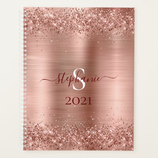 Monogram Rose Gold Imitats-Glitzer Girly Glam Planer (Vorderseite)