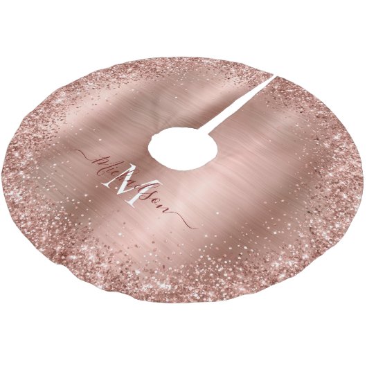 Monogram Rose Gold Imitats-Glitzer Girly Glam Polyester Weihnachtsbaumdecke (Schrägansicht)