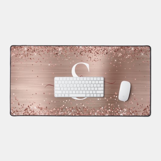 Monogram Rose Gold Imitats-Glitzer Girly Glam Schreibtischunterlage (Tastatur & Maus)