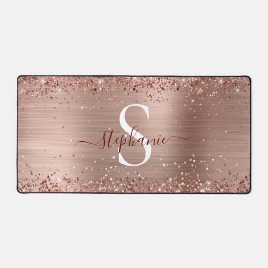 Monogram Rose Gold Imitats-Glitzer Girly Glam Schreibtischunterlage (Vorderseite)