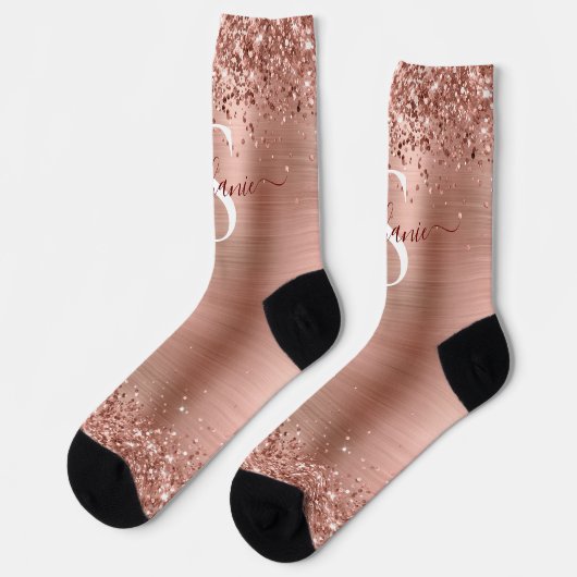 Monogram Rose Gold Imitats-Glitzer Girly Glam Socken (Linkes Detail)