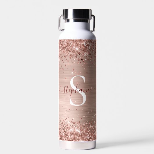 Monogram Rose Gold Imitats-Glitzer Girly Glam Trinkflasche (Vorne)